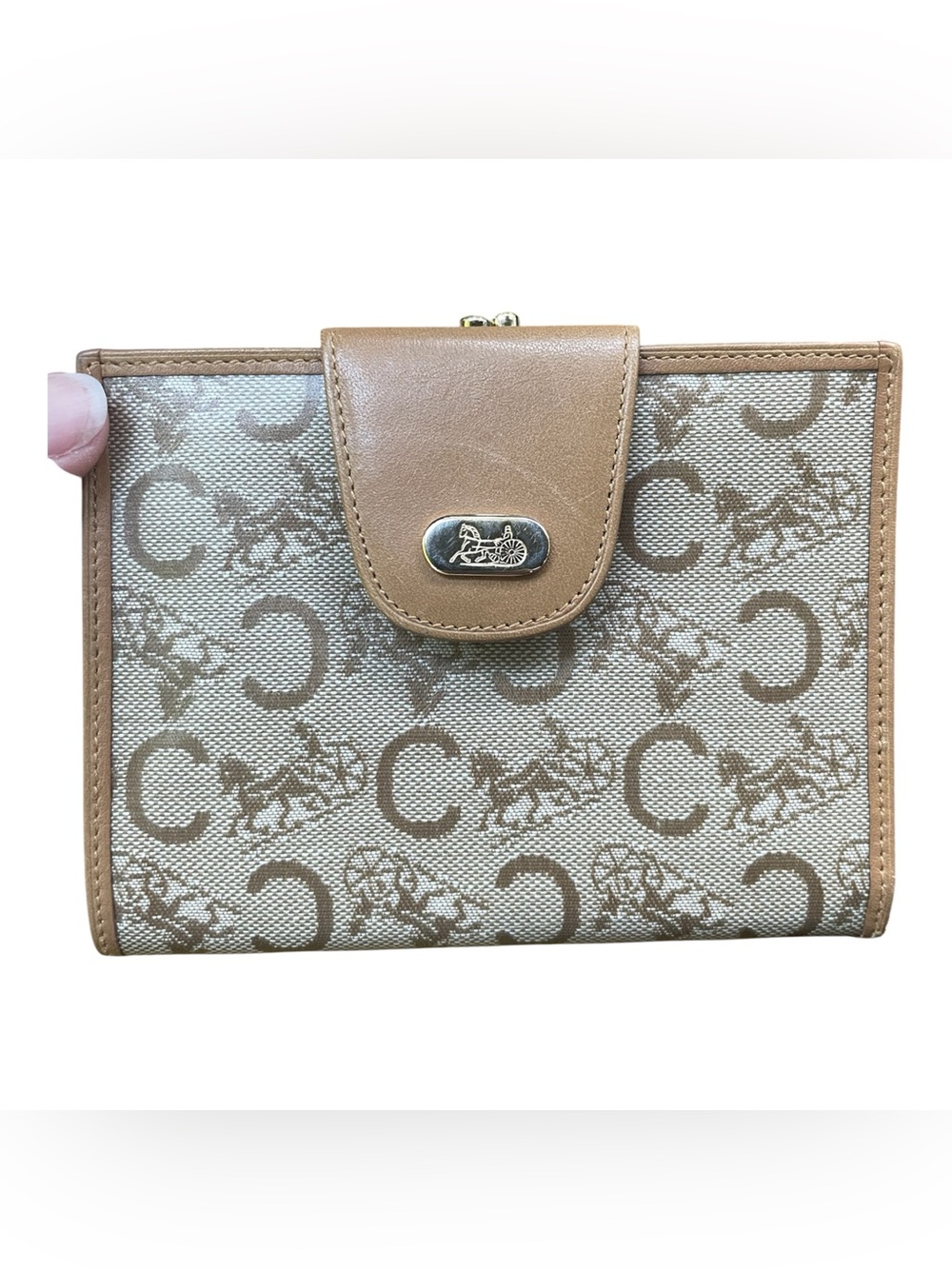 Vintage CELINE C Macadam Horse & Carriage Compact Kisslock Wallet Brown